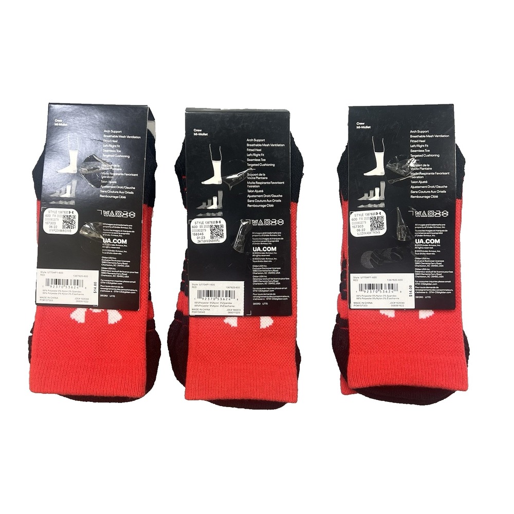 3 Pair Under Armour UA Team Athletic Crew Socks RED Men's Size 7-8.5 Basketball - Picture 7 of 8
